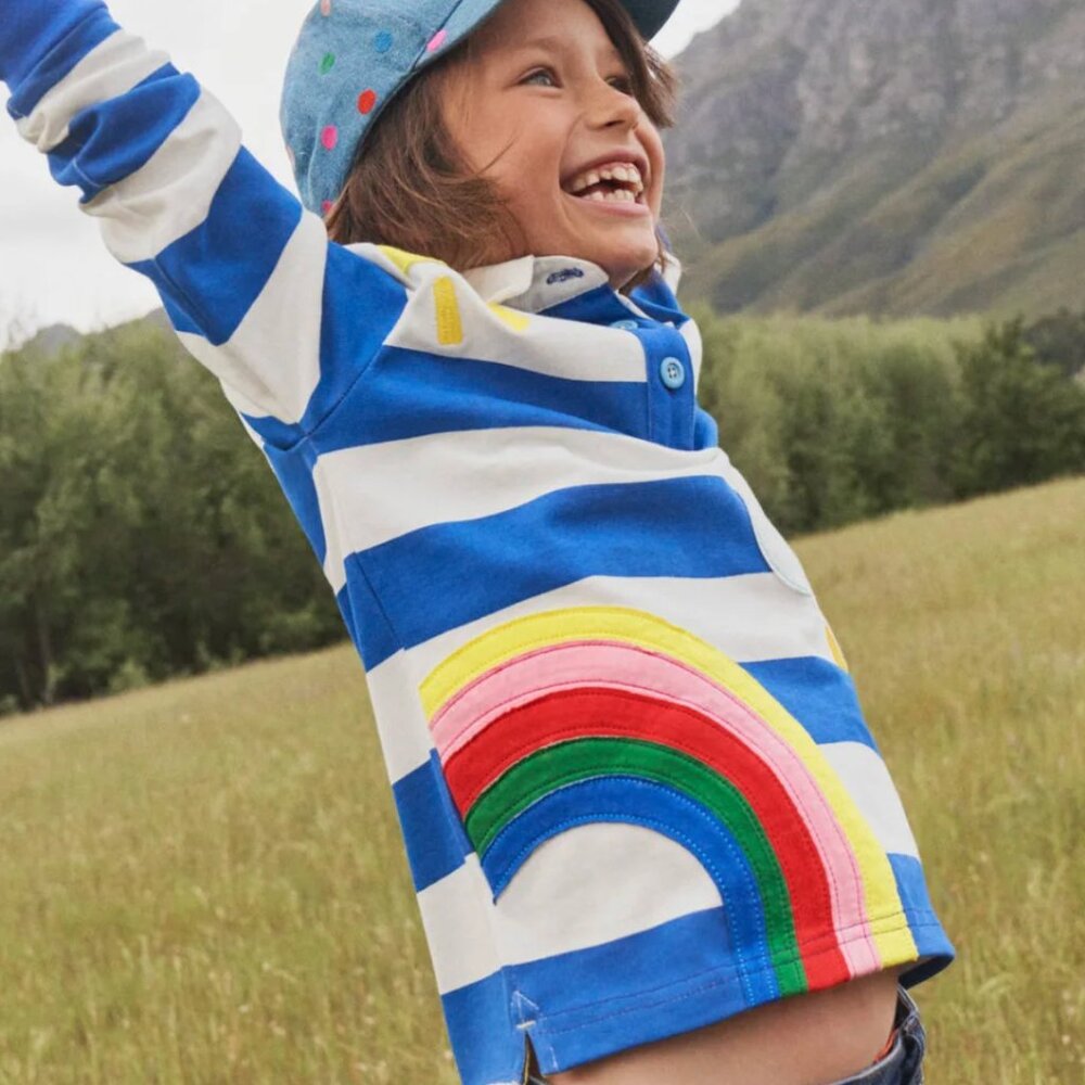 Girls Mini Boden Applique Rainbow Cloud Stripe Rugby Shirt Top 7-8Y